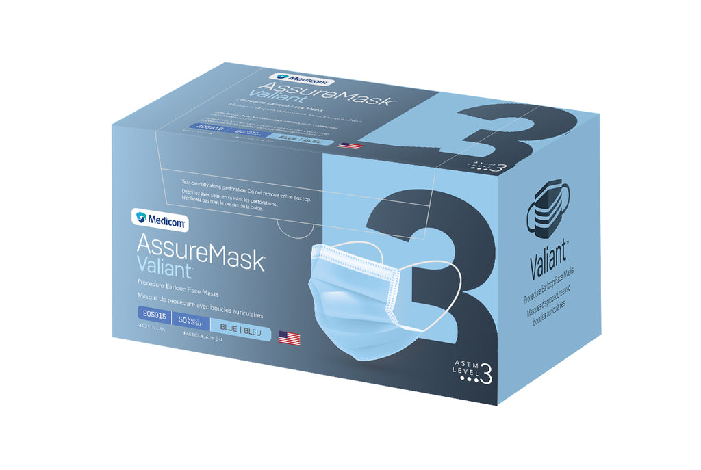 Face Mask Level 3 Blue Made in USA Assure Mask Valiant™ Procedure Mask by AMD