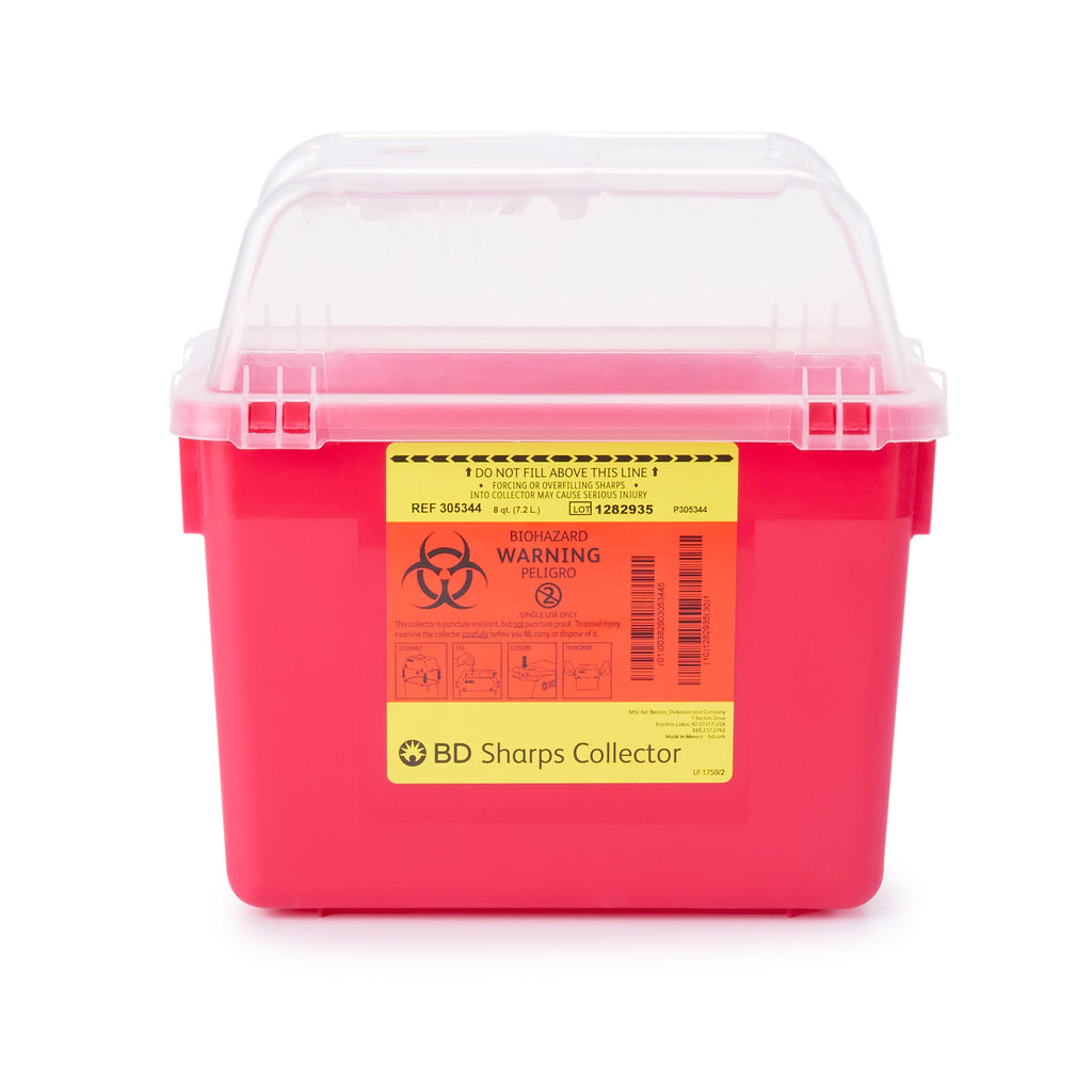 Sharps Collector, 8 qt, Nestable with Funnel Top, Red, Clear Open Top by BD